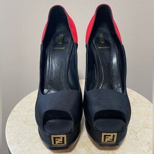 Fendi Colorblock Pattern Slingback Platform Heels Size 39.5/9 Fendista